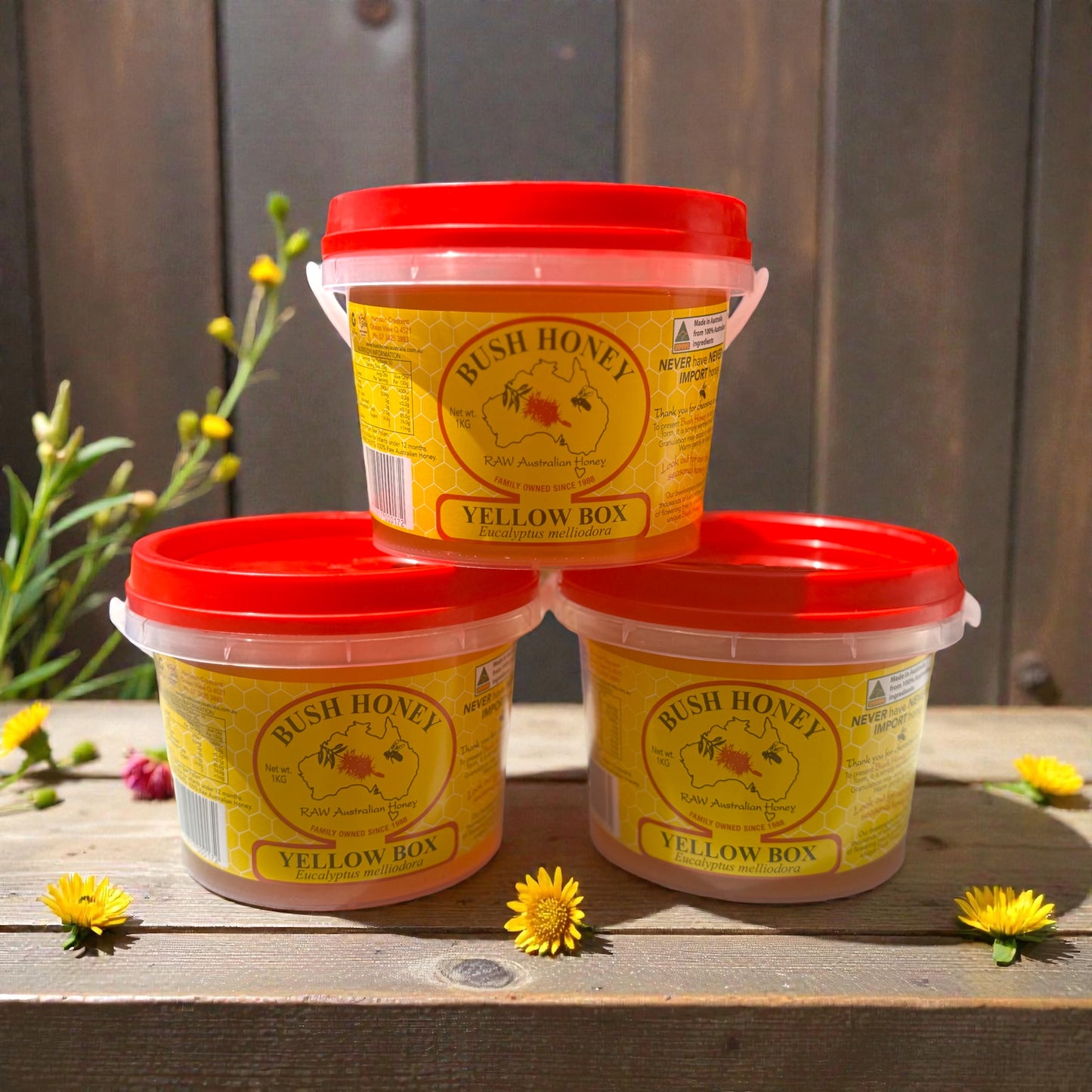 A variety of 1kg tub‘s of Bush honey *now including the rare Yellow Box*