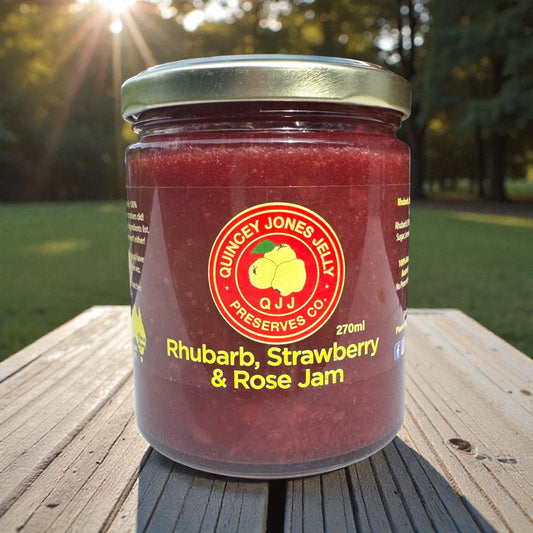Quincey Jones Rhubarb Strawberry & Rose Jam