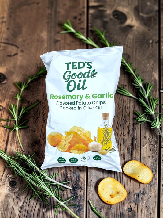 Ted’s Good Oil Rosemary & Garlic flavoured potato chips